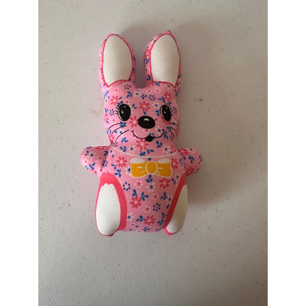 Bright Pink Calico Bunny Vintage Panel Toy – Medium Size Rabbit